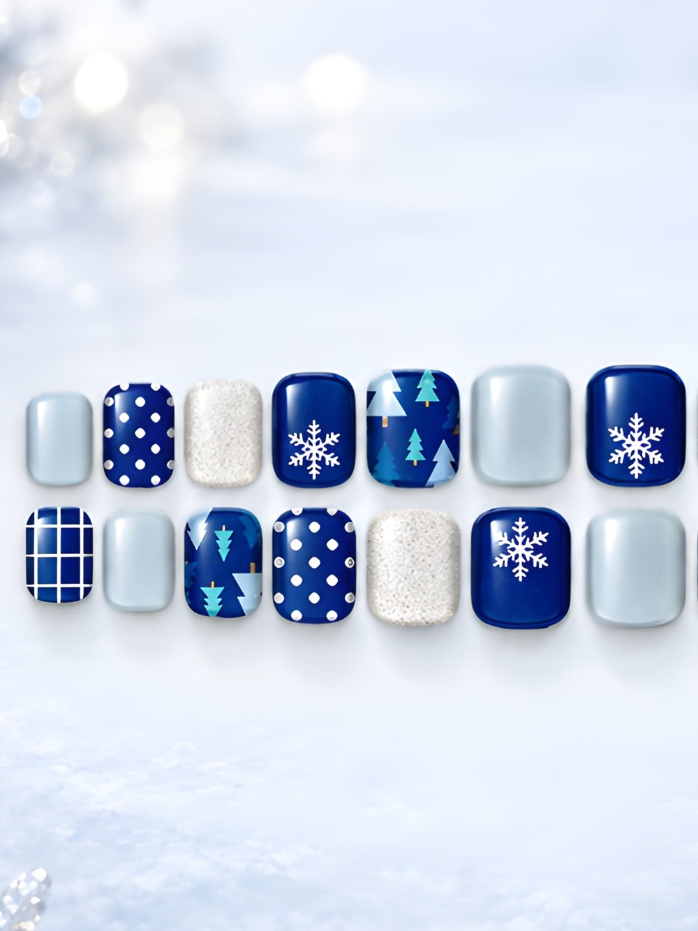 Winter Blue Snowflake Press On Nails Polka Dot Tree Short Square